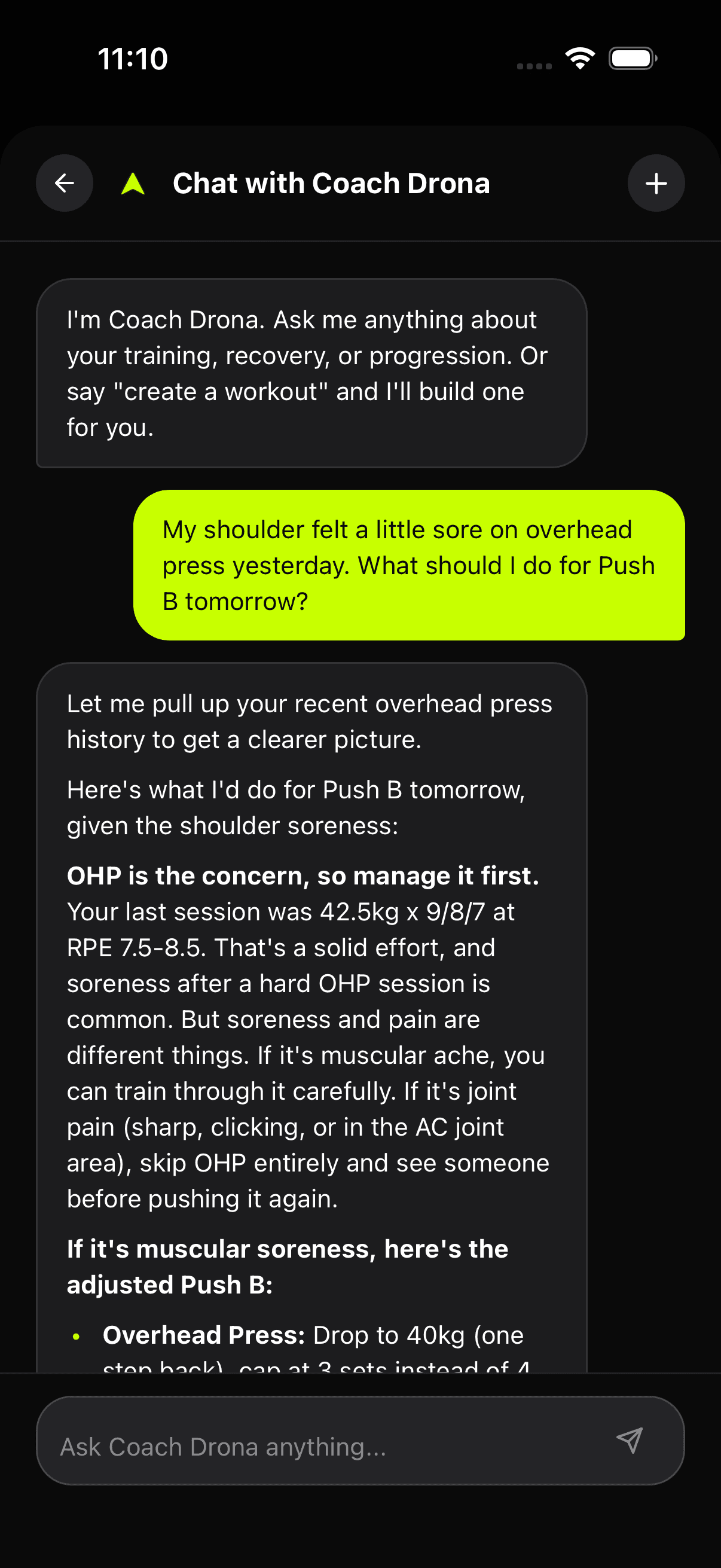 Chat with Coach Drona: a sore shoulder on overhead press, and an adjusted Push B session with lighter presses