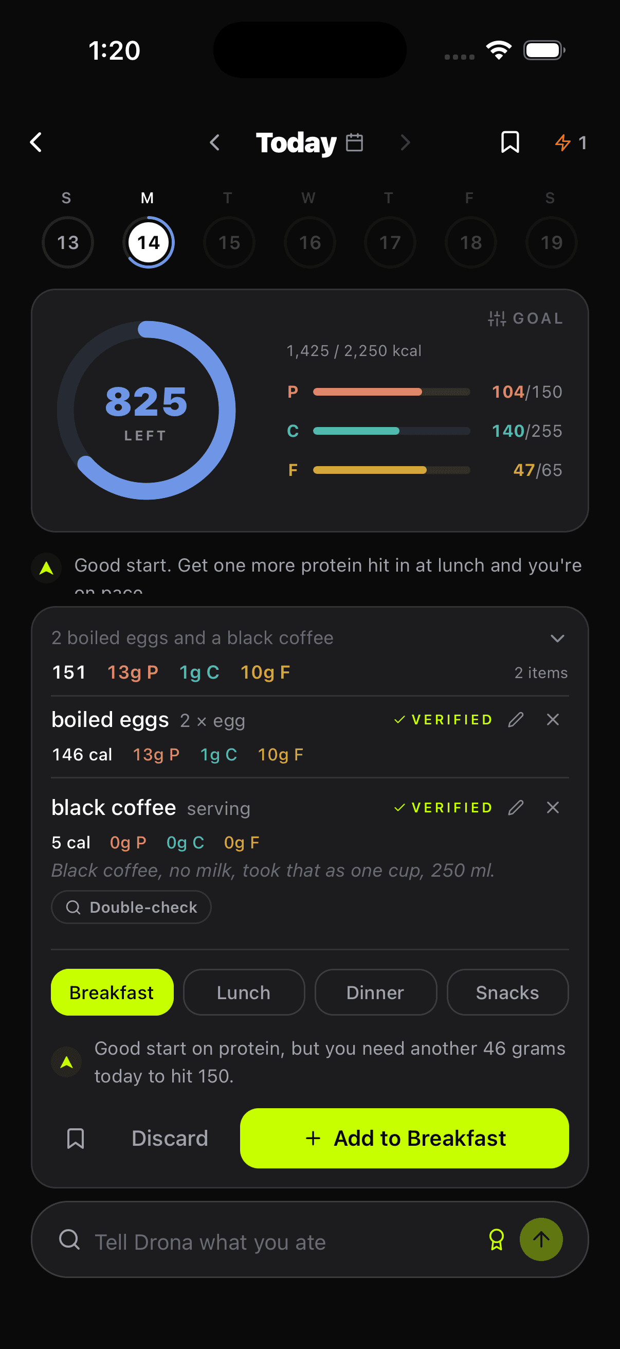 Two boiled eggs and a black coffee parsed into 151 kcal with 13 g protein, both items verified, and 825 calories left for the day
