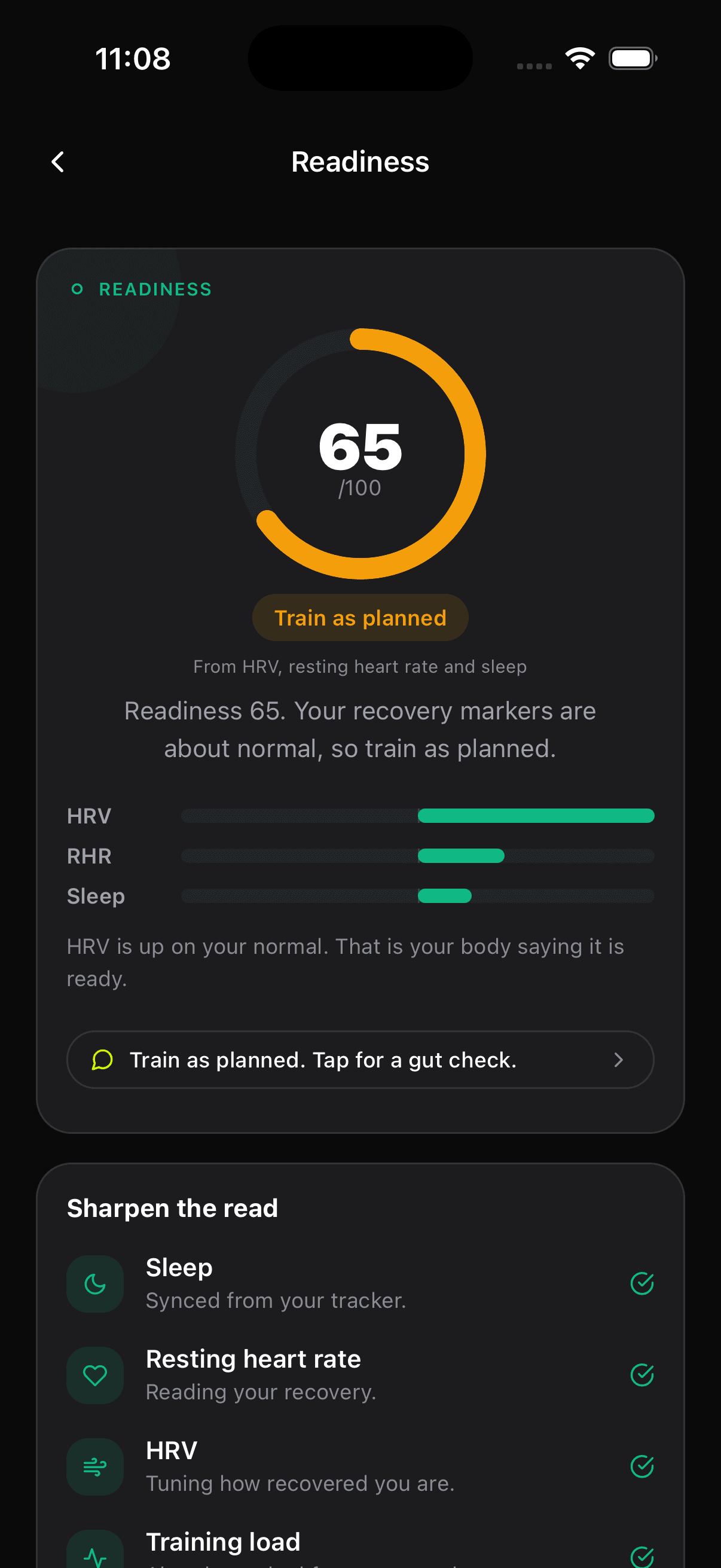 Readiness 65 out of 100, train as planned, built from HRV, resting heart rate and sleep
